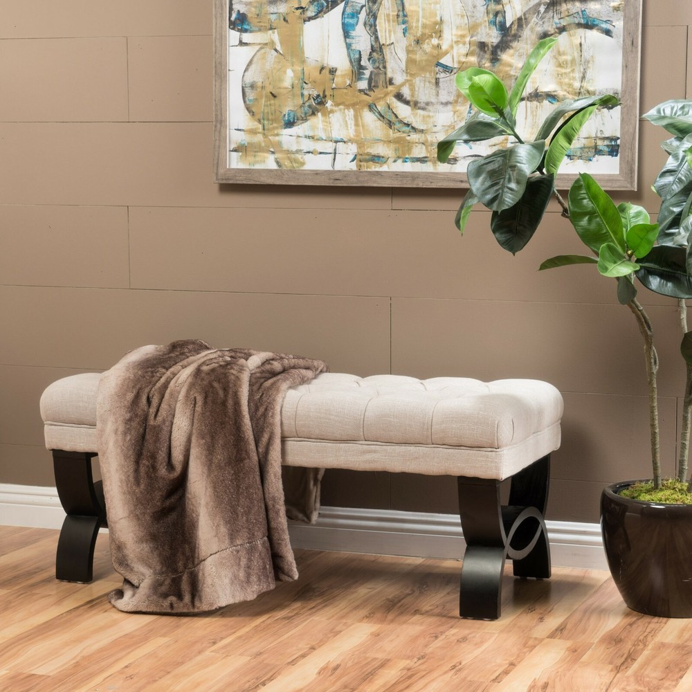 Colette Contemporary Button Tufted Light Beige Fabric Ottoman Bench