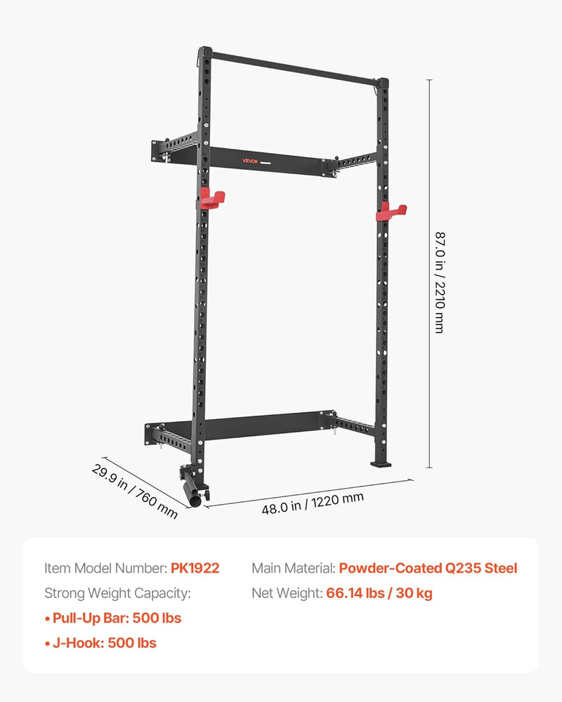 Folding Power Cage, Wall-Mounted Power Rack Squat Rack, Multifunctional Strength