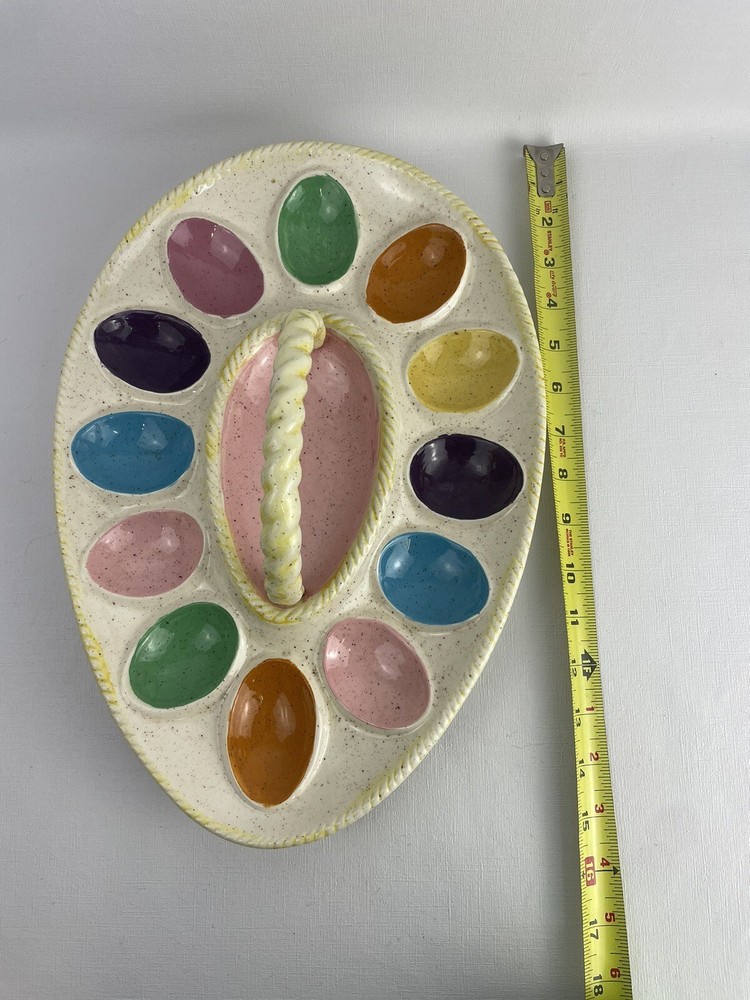 VTG Atlanic Mold Pastel Deviled Egg Platter Tray Dish w/Handle 14×10 Easter