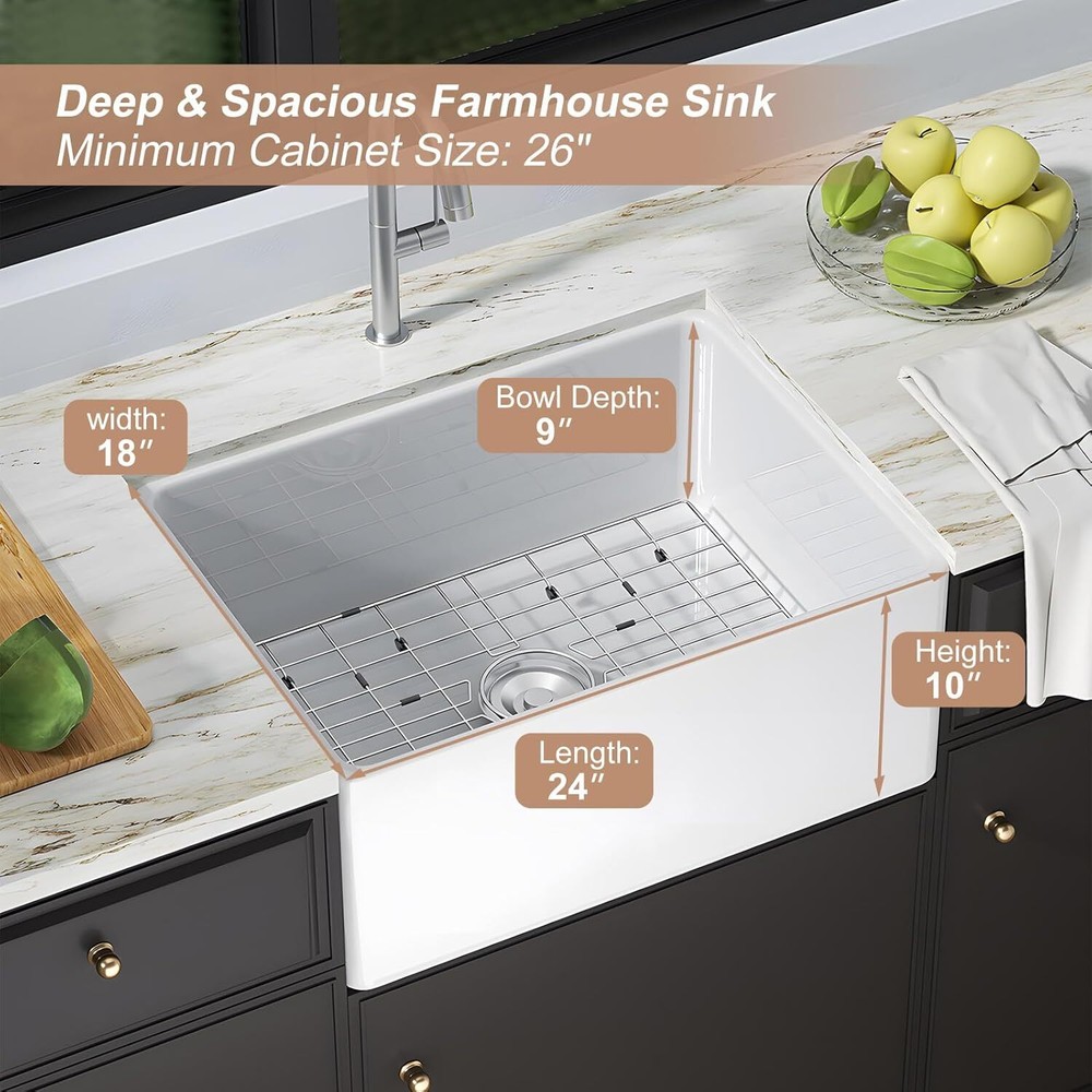 24''White Undermount Fireclay Apron Front Ceramic Drop in Farmhouse Kitchen sink