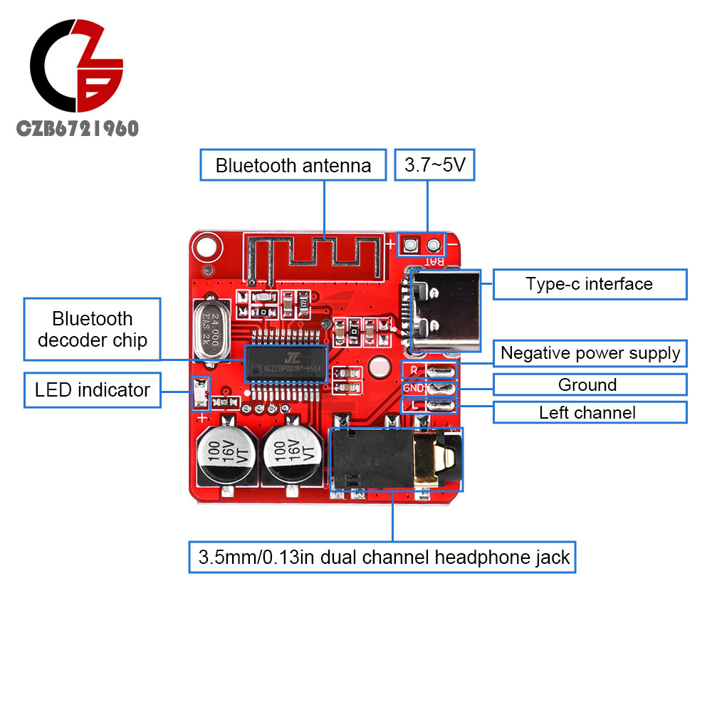 6pcs 3.7-5V Mini Bluetooth5.1 Audio Receiver MP3 Decoder Amplifier Module Type-c