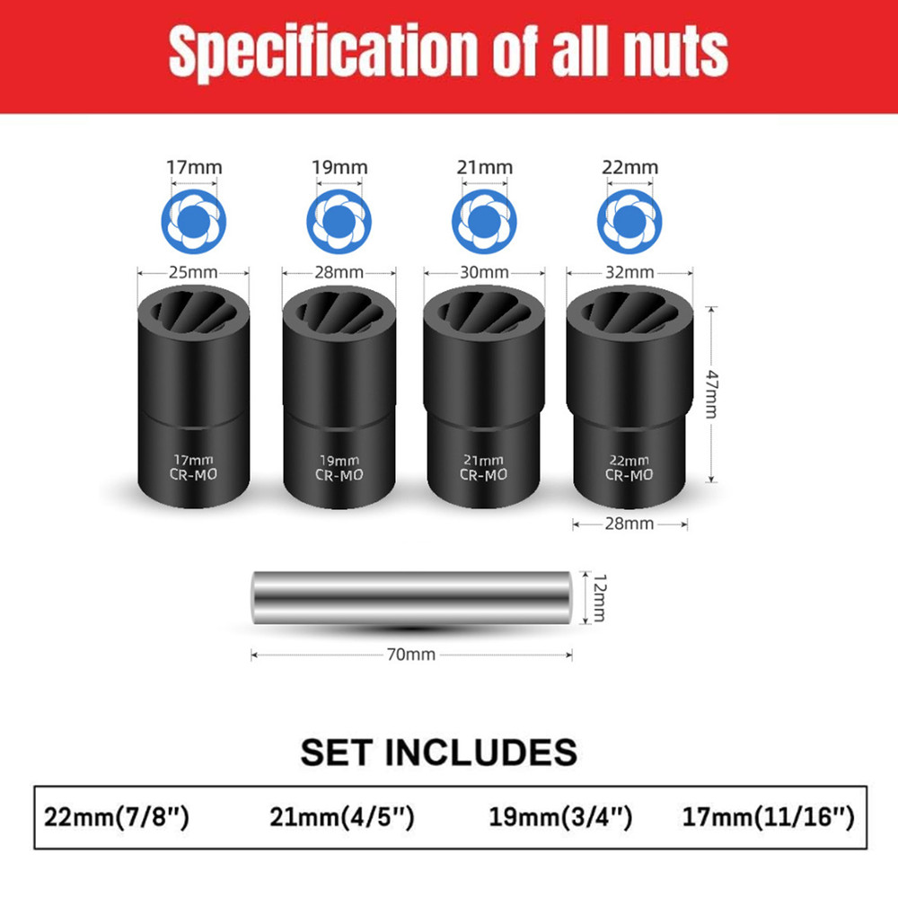 5Pc Wheel Lug Nut Remover 1/2" Drive Twist Socket Kit Remove Damaged Locked Nut