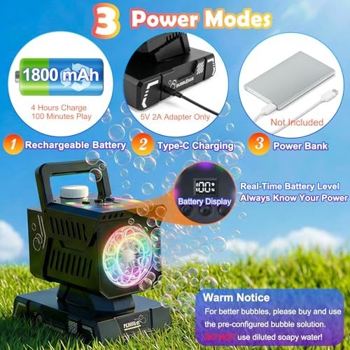 Rechargeable Bubble Machine with Remote & RGB Lights - Automatic Bubble Blower f