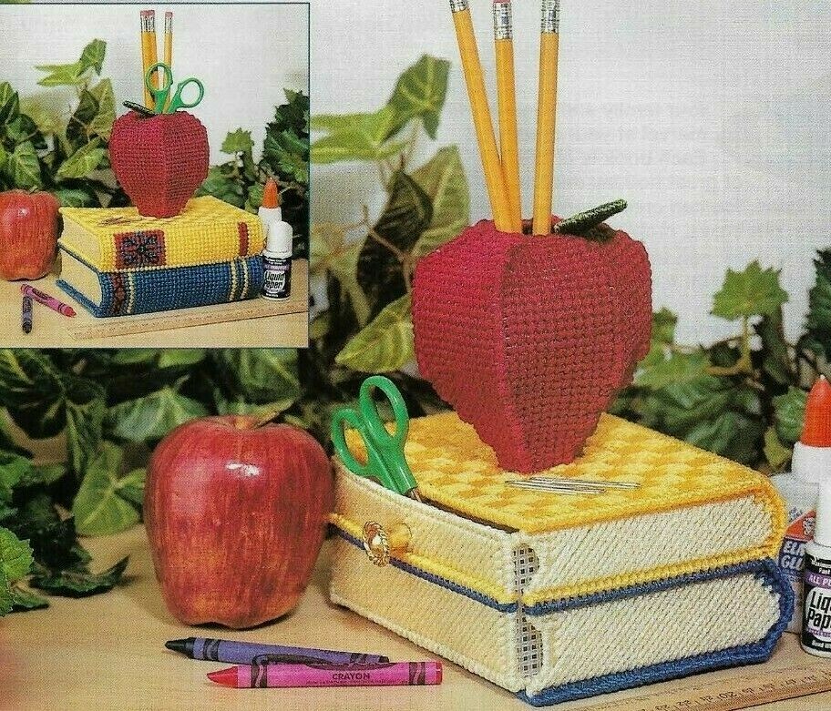 SCHOOL DAYS DESK ORGANIZER TEACHER'S APPLE PLASTIC CANVAS PATTERN INSTRUCTIONS