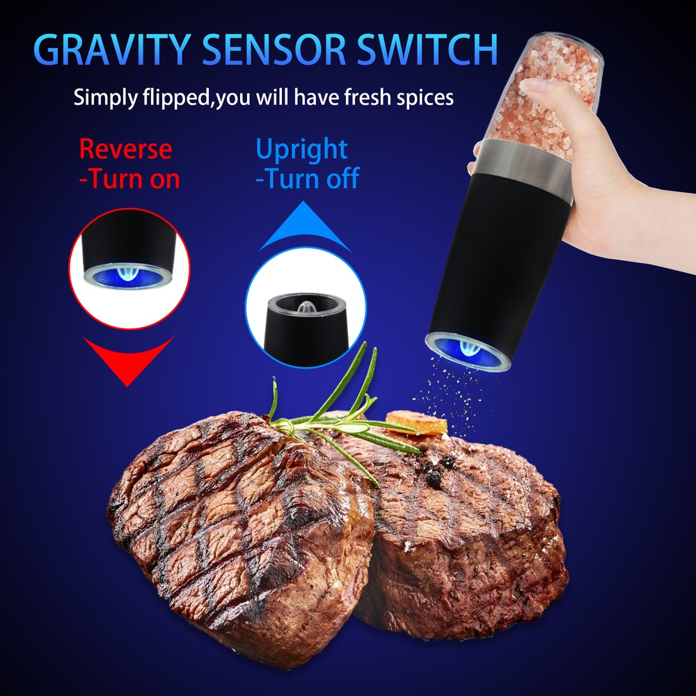 1Pair Gravity Electric Salt and Pepper Grinder Set, Adjustable Coarseness