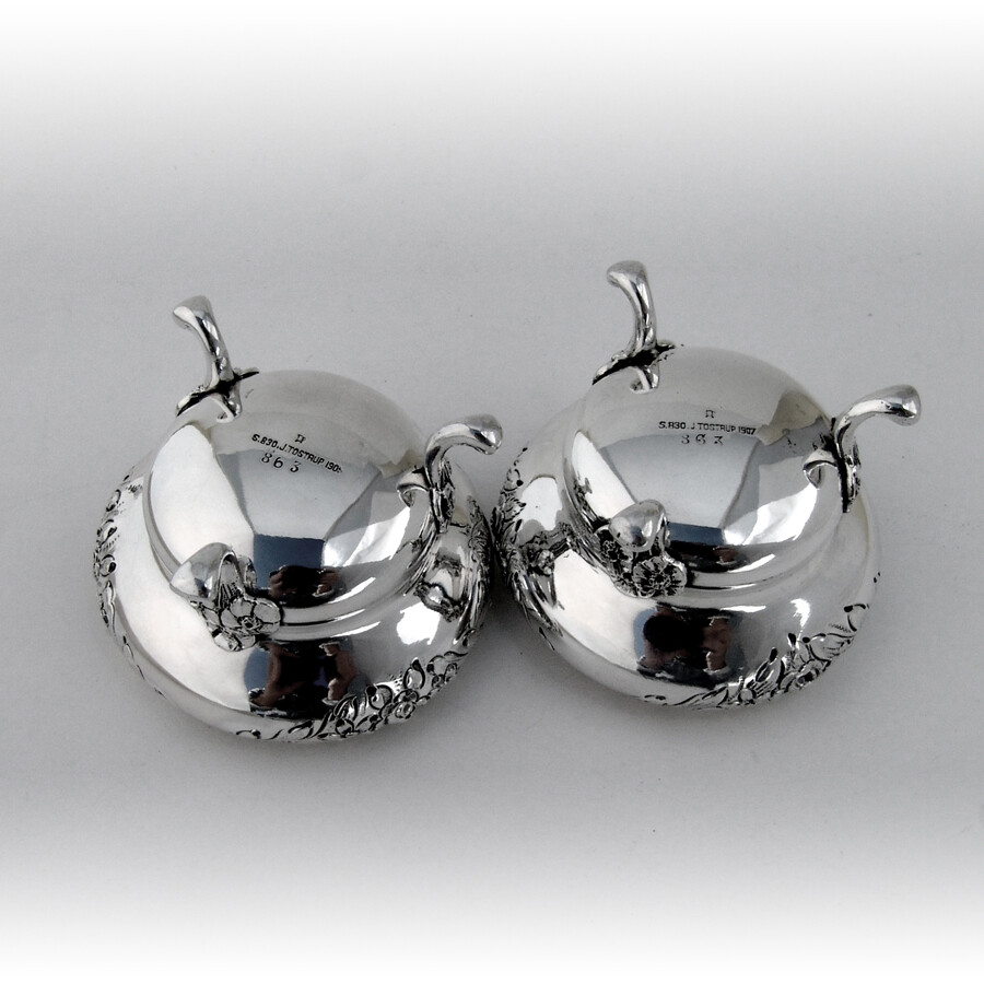 Floral Footed Open Salt Dishes Pair Tostrup 830 Silver Mono