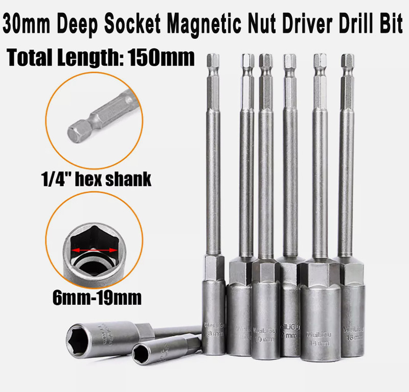 30mm Deep Socket Magnetic Nut Driver Set Drill Bit Adapter 1/4''Hex Shank 6-19mm