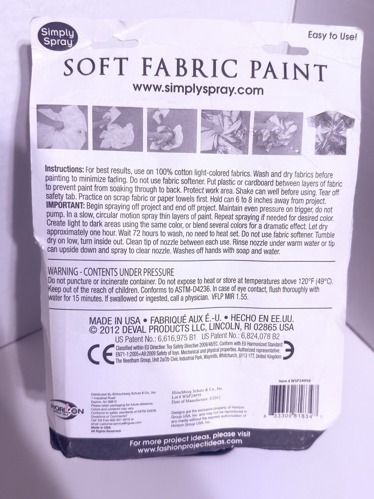 Simply Spray Safe NonToxic Low Oder Quick Drying Non-Flammable SOFT FABRIC PAINT