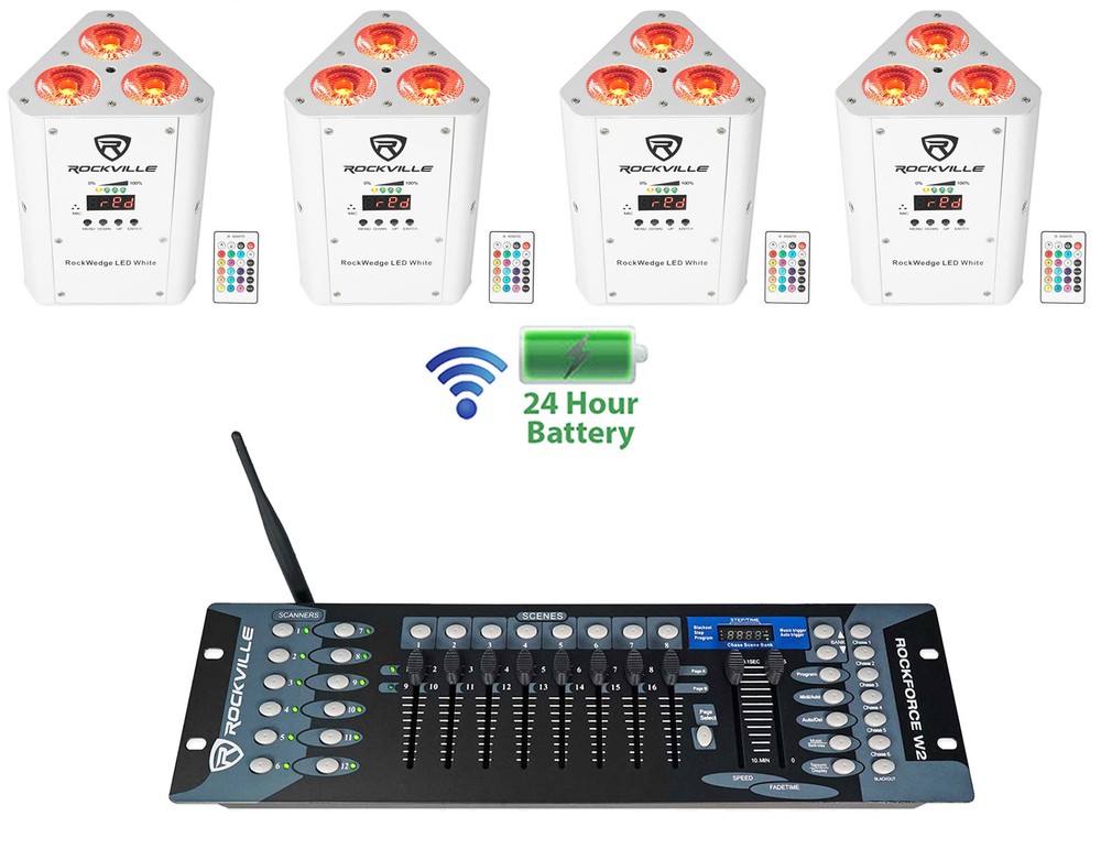 (4) Rockville RockWedge LED White Battery Powered Lights+Wireless DMX Controller