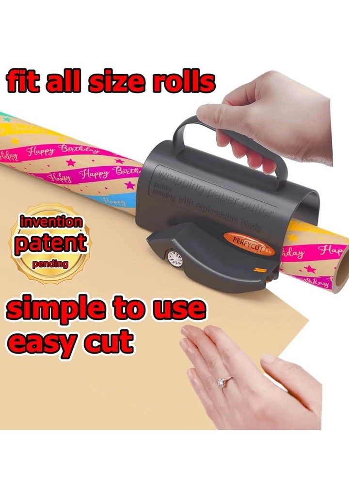 Wrapping Paper Cutter with 3 Replaceable Blade Sets for All Occasion Black