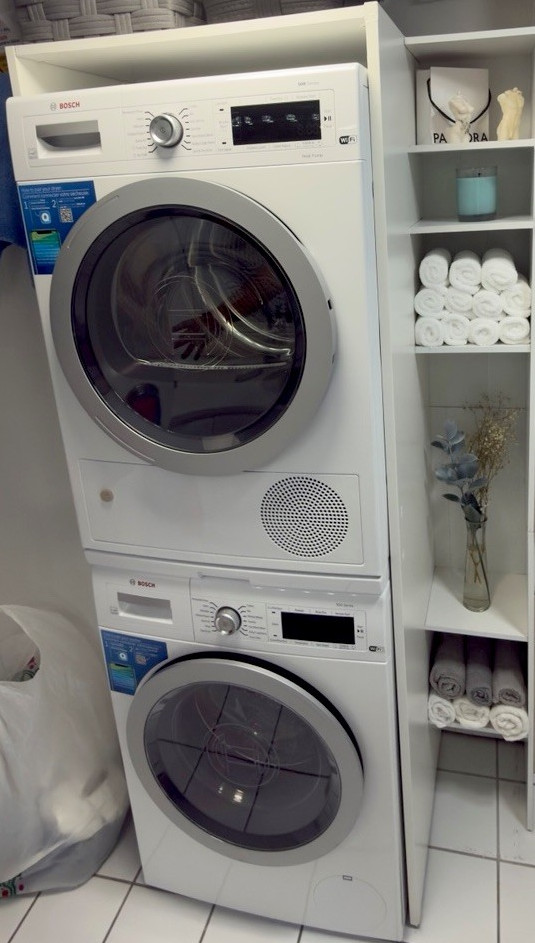 Bosch Serie 6 Stackable Electric Washer & Dryer Set, White, Front-Loading