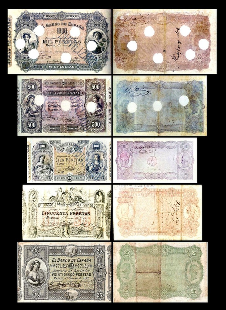 2x 25, 50, 100, 500, 1000 Pesetas - Issue 1875 - Reproduction - 44