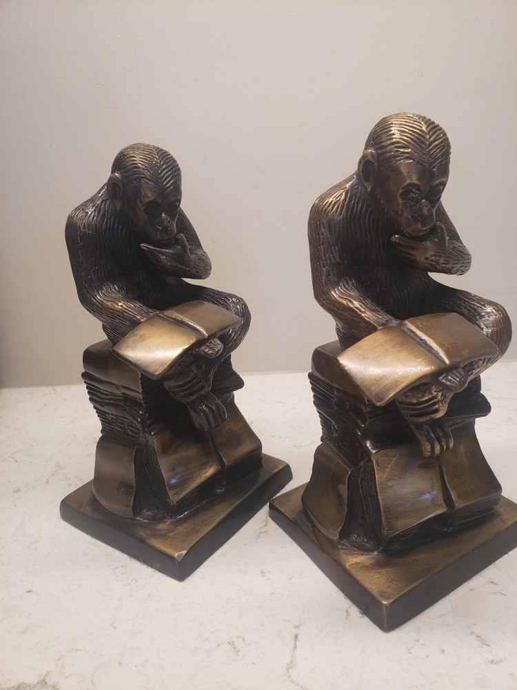 VTG Bronze Bookend Seated Chimpanzee Monkey Reading ..