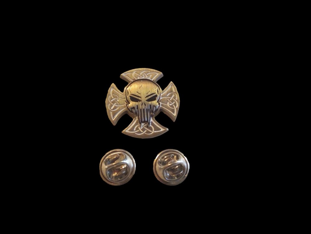 IRON CROSS HAT PIN LAPEL DOUBLE POST PIN PUNISHER SKULL & SHIELD