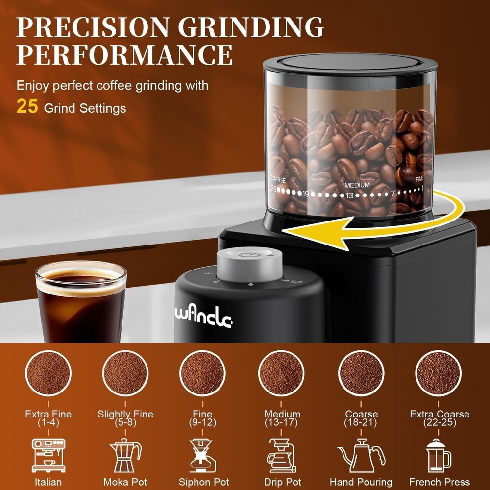 200W Electric Conical Burr Coffee Grinder - 25 Grind Settings, Low Noise
