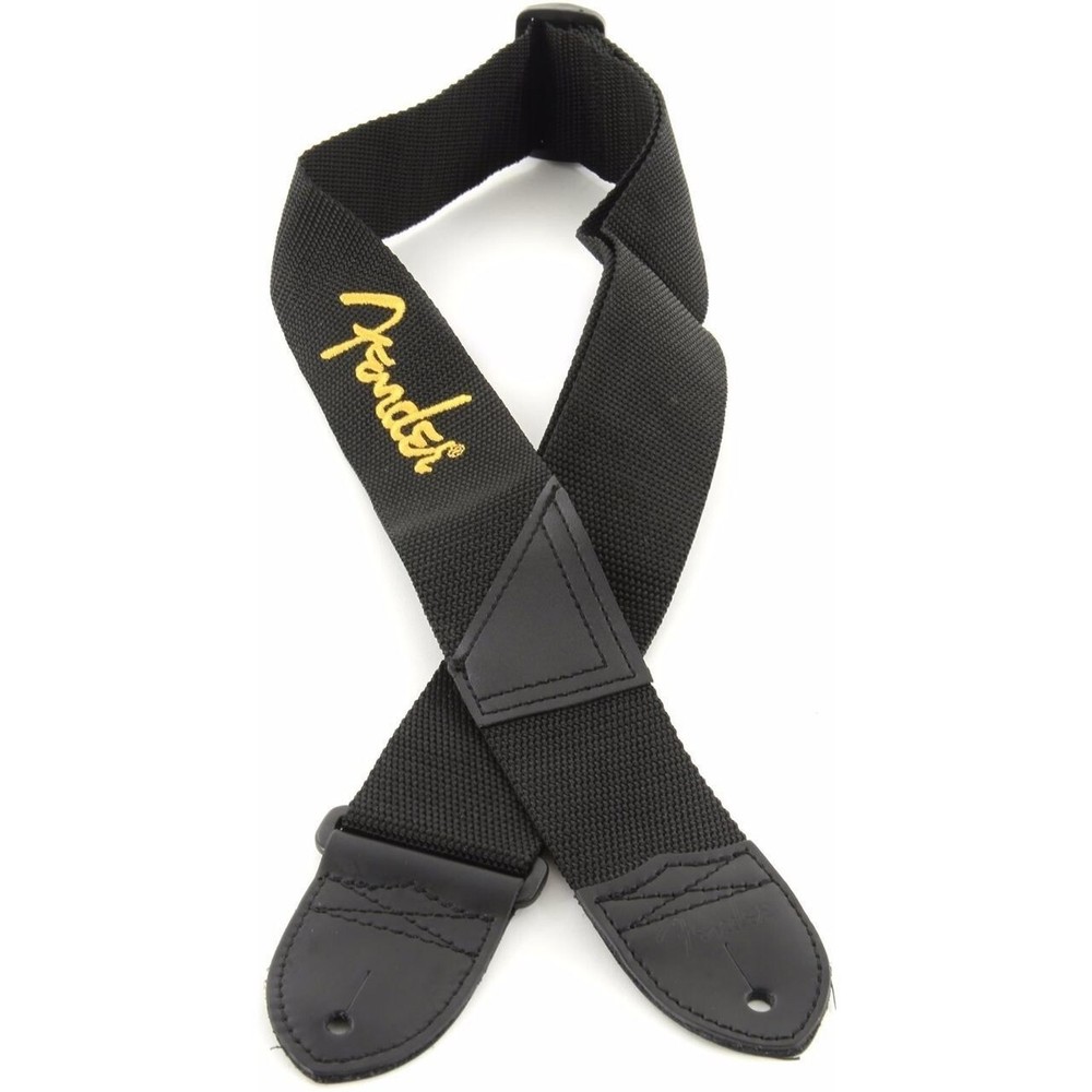 Fender Poly Guitar Strap with Leather Ends, Black w/ Yellow Logo