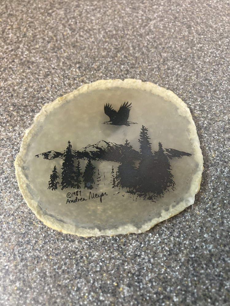 Vintage Andrea Meyer Signed Soaring Eagle on Sliced Agate Geode 1987 3”