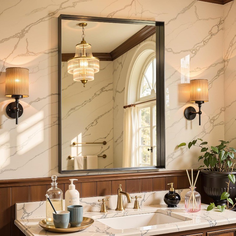 50"x30" Black Framed Bathroom Mirror, Large Rectangular Vanity Mirror