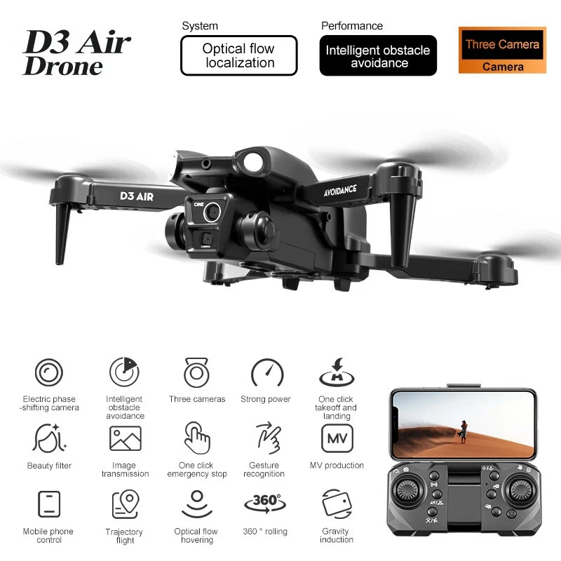 D3 RC Quadcopter Drone 4K WiFi FPV 3 Cameras Optical Flow Obstacle Avoidance