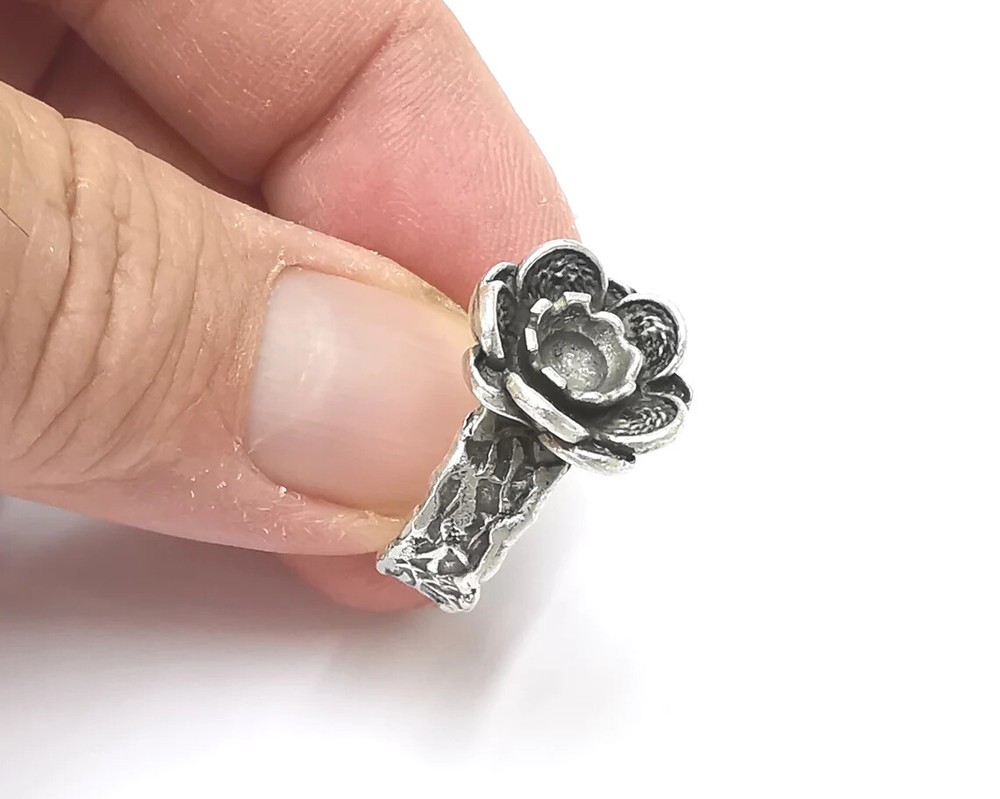 Flower Ring Blank Setting Base Bezel Cabochon Antique Silver Plated Brass G26236