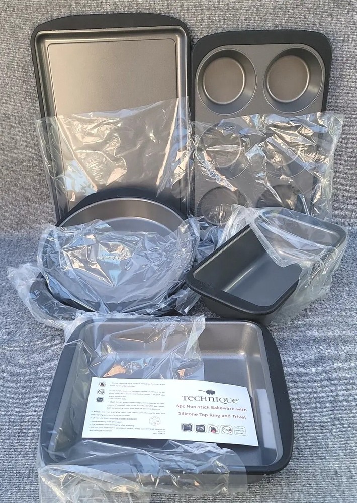 6 Pc Technique Non-Stick Bakeware Set w Silicone Top Ring & Trivet Black NOB