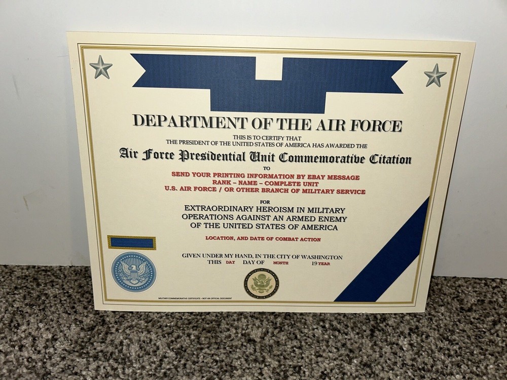USAF PRESIDENTIAL UNIT CITATION COMMEMORATIVE CERTIFICATE ~ TYPE-2 / W/PRINTING