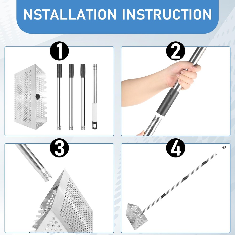 Sand Flea Rake, Long Handle Sifter with 65-Inch Pole - Stainless Silver