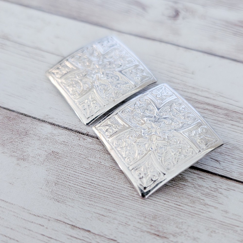 Vintage Clip On Earrings Patterned Silver Tone 1.25" - Rear Condition Issues