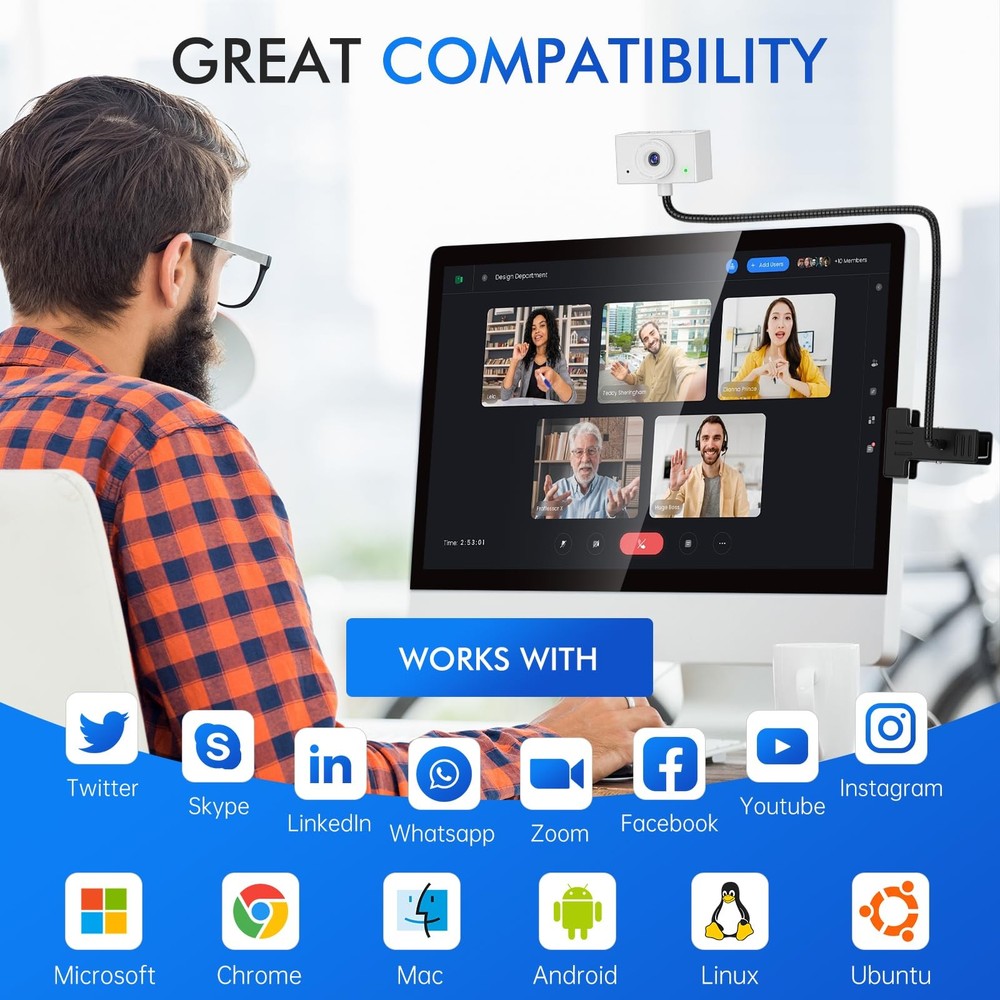 Webcam for PC, Laptop Camera USB Webcam with Adjustable Gooseneck, Flexible