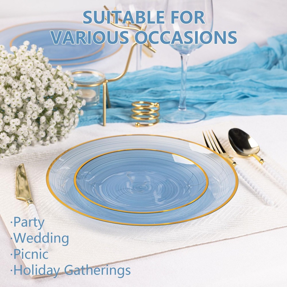 100PCS Blue Plastic Plates-Crystal Design Disposable 10 in/7 in,