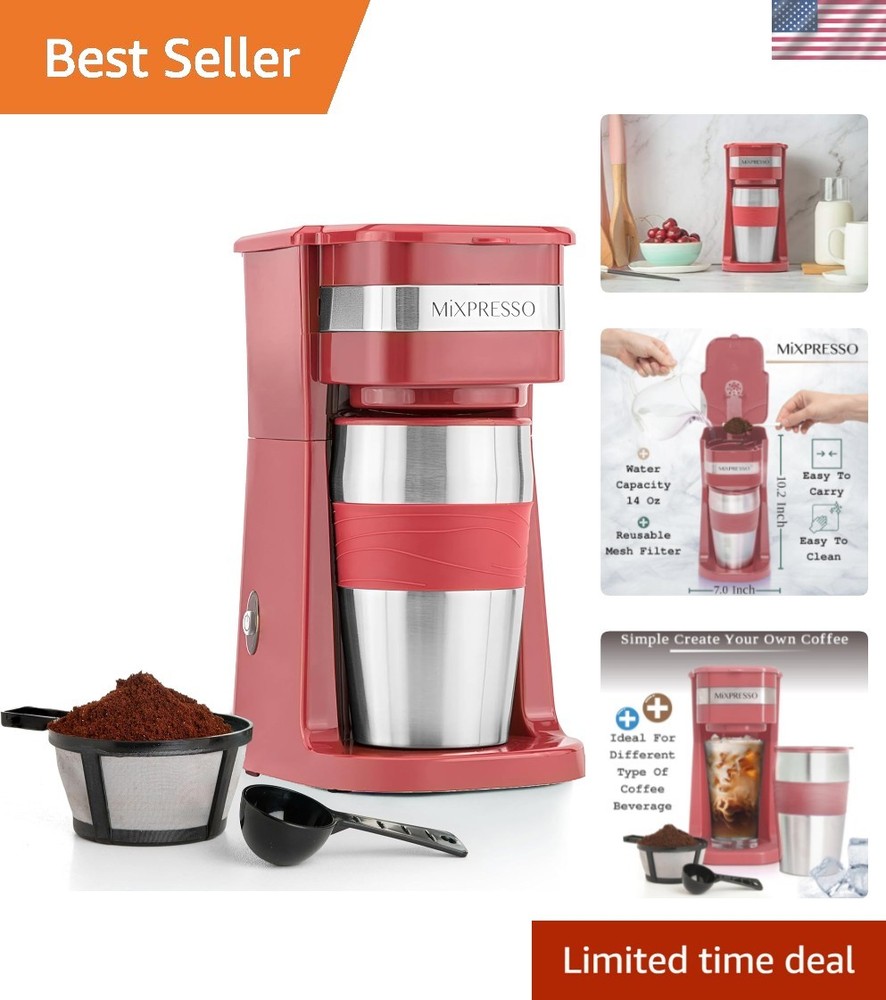Quick Brew 14oz Coffee Maker with User-Friendly Features & Travel Mug Included