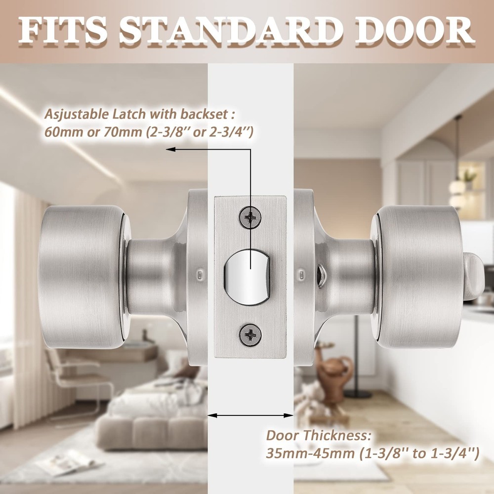 knobelite 3 Pack Satin Nickel Door Knobs Privacy Function Keyless Locks Inter...