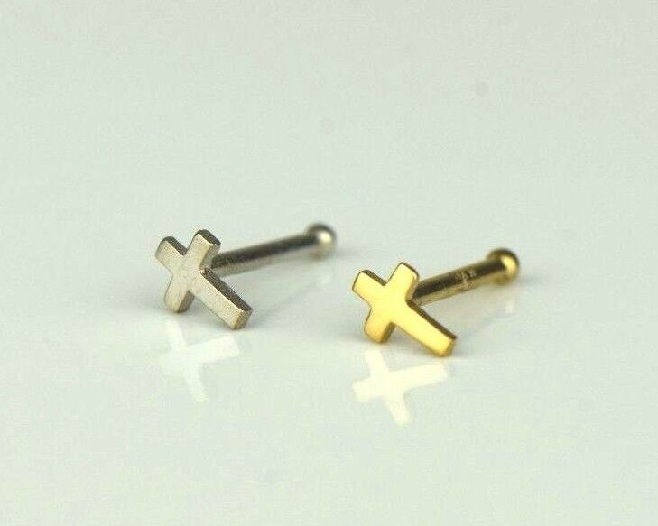 14k Yellow or White Cross Nose Rings Piercing Stud