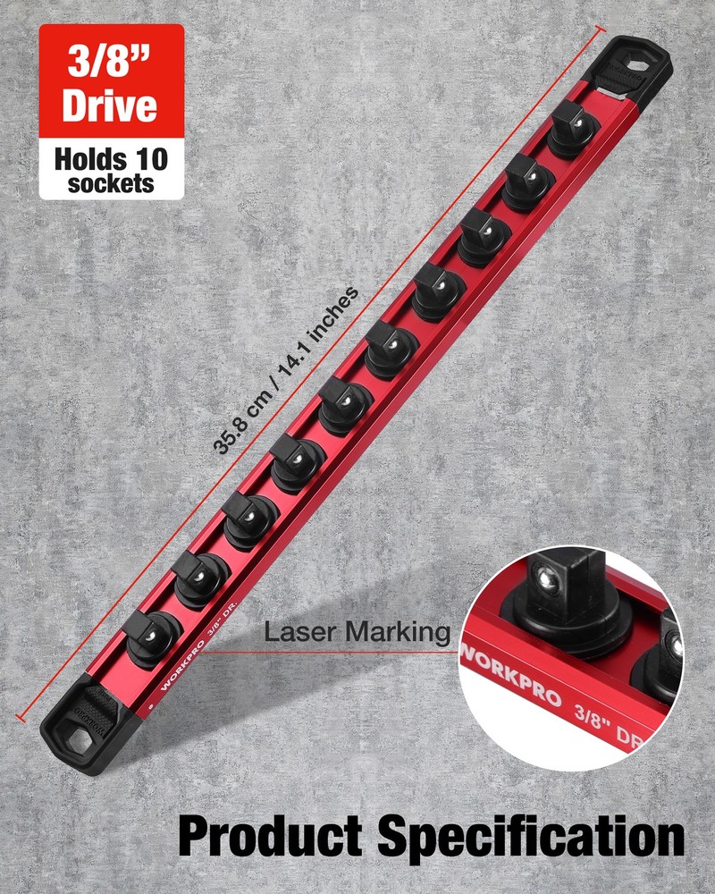 WORKPRO 3/8" Drive Magnetic Socket Organizer with 10Pcs Removable Socket Clips