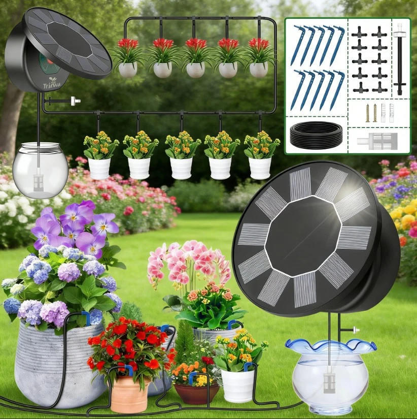 50FT Automatic Solar Drip Irrigation System Kit Plant Watering Timer Set Decor
