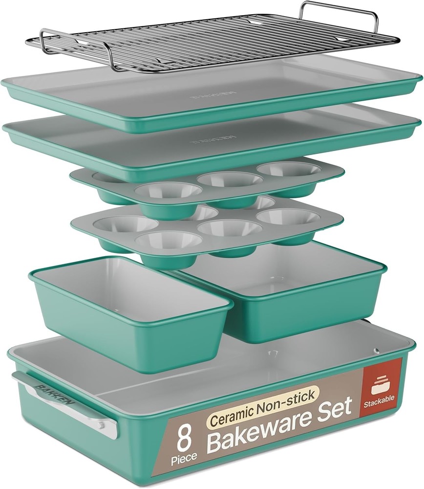 Bakken 8-Piece Stackable Bakeware Set Ceramic Non-Stick Coating Baking Sheets