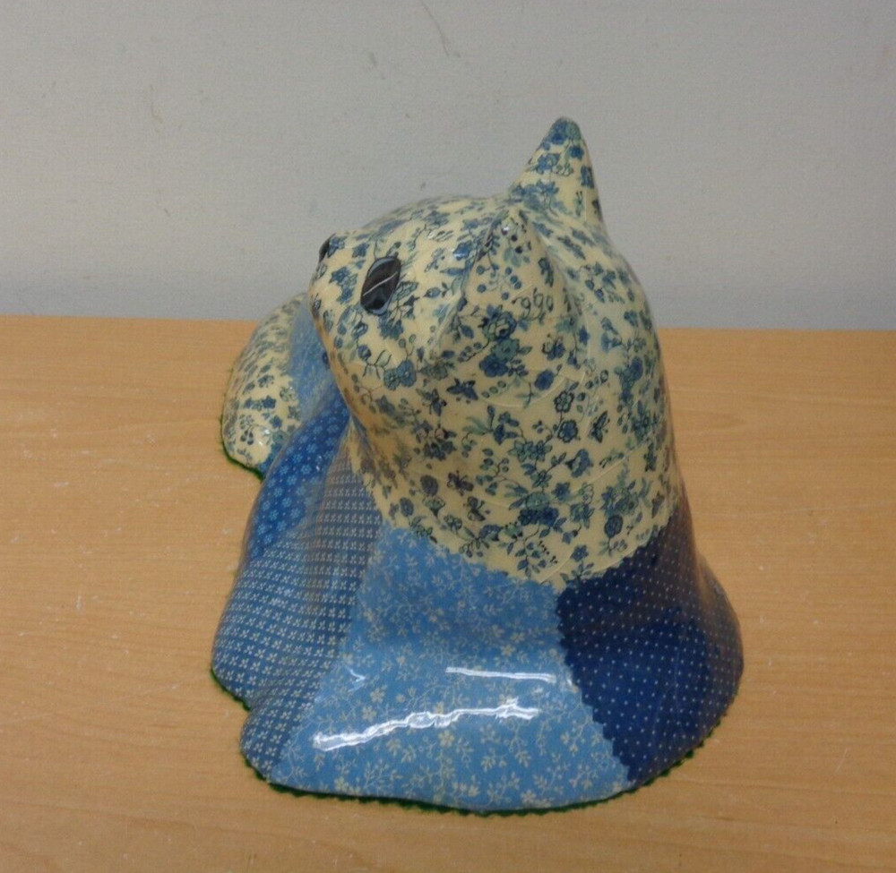 Vintage Calico blue & white patchwork 12" Ceramic Cat Doorstop