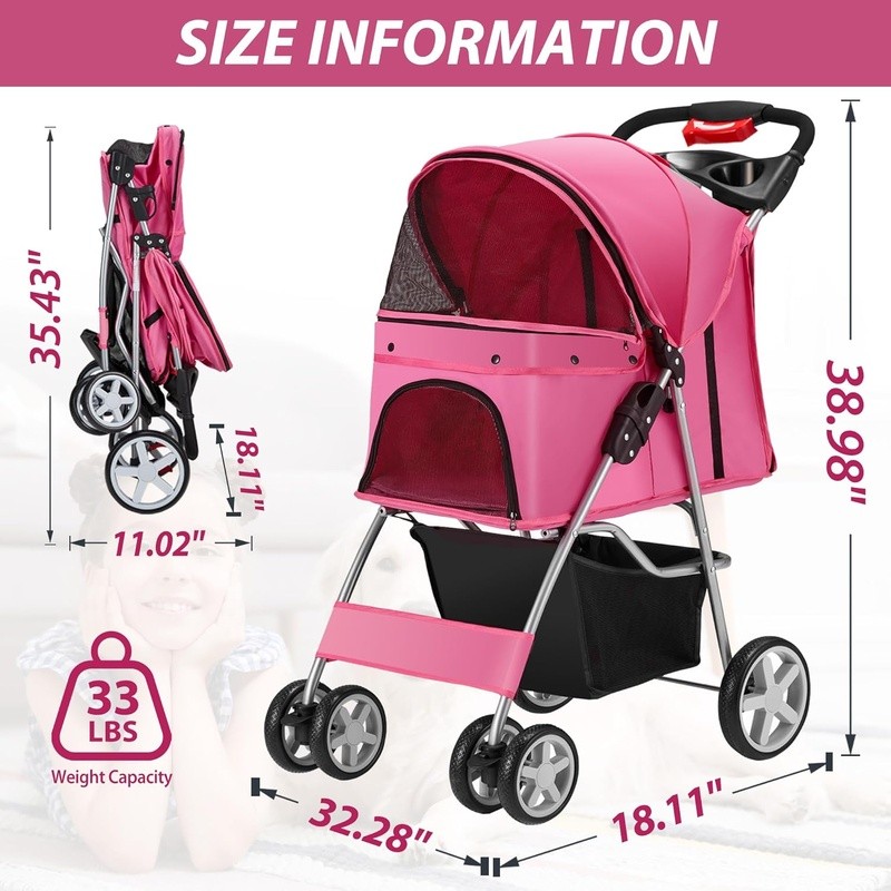 Pet Stroller Dogs Cats Foldable Durable 360° Wheels Comfortable Breathable Mesh