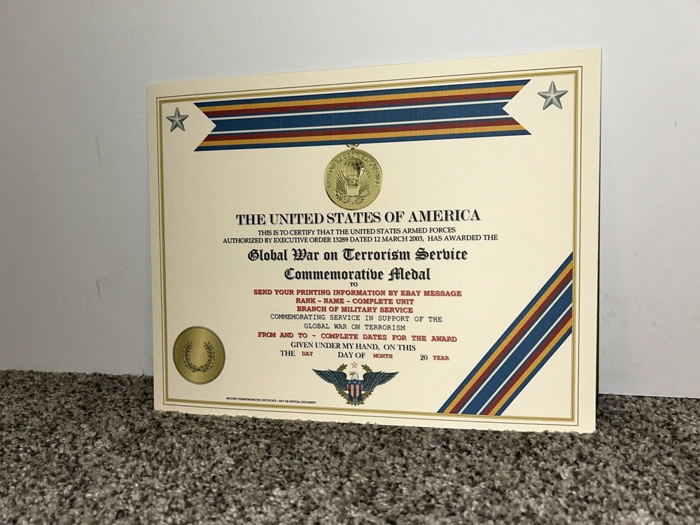 GLOBAL WAR ON TERROR SERVICE MEDAL COMMEMORATIVE CERTIFICATE ~ W/PRINTING TYPE-1