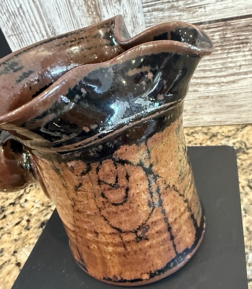 Handmade Pottery Pitcher, Brown/Rust Glaze, Knob Handle, Signed Rustic
