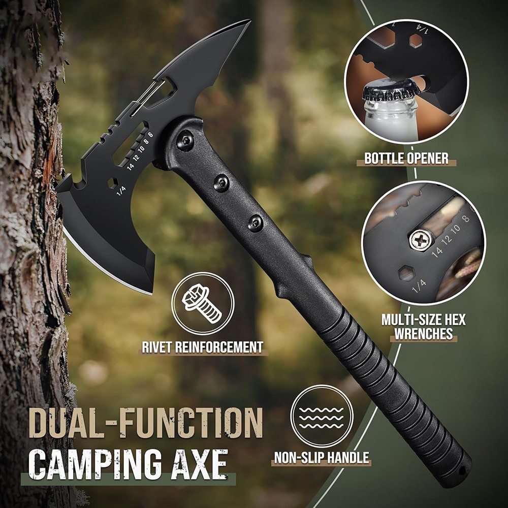 15” Tactical Axe and Multi-Tool Hammer, Camping & Survival Axe with Sheath