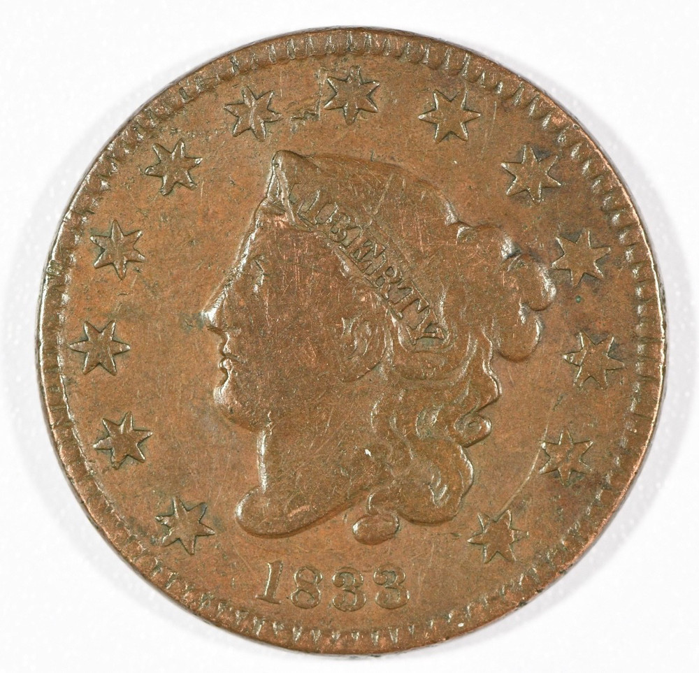 1833-P "Liberty Head" One-Cent Copper Coin, Good