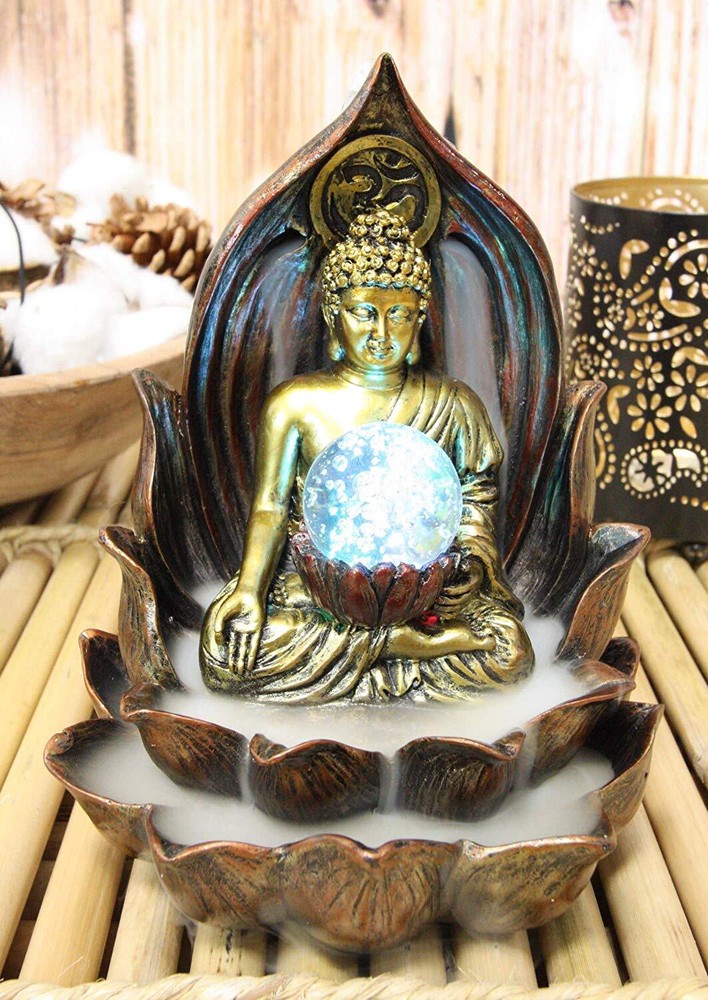 Ebros Meditating Buddha Amitabha Backflow Incense Burner W/ LED Globe Light