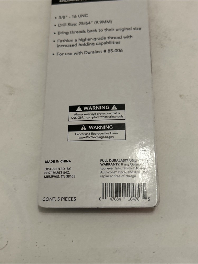 Duralast 85-005 Thread Repair System 3/8” 16 UNC 25/64”