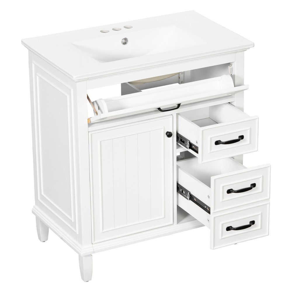 30" White Bathroom Vanity with Ceramic Sink and Solid Wood Cabinet