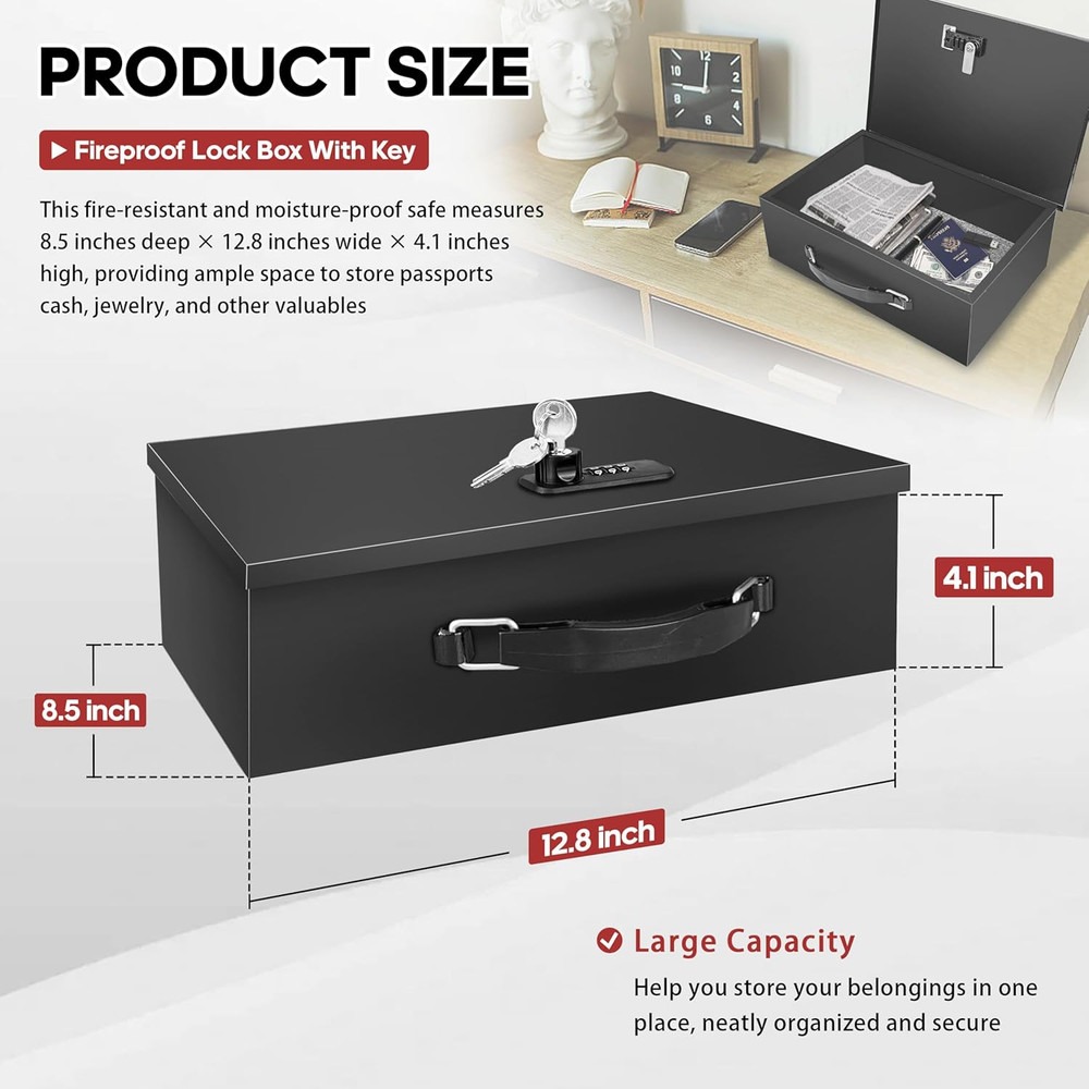 Fireproof Lock Box with Key and Combination Lock, Fire Safe Document Box,