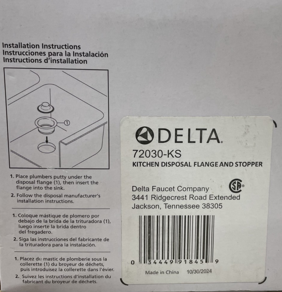 Delta 72030-KS Garbage Disposal Flange & Stopper for Kitchen Sink - *READ*