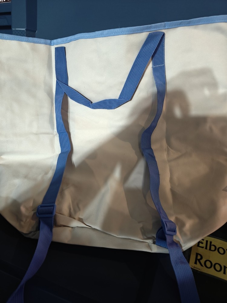 W3- Laundry Backpack Cream/Blue Top Handles & Back Straps Drawstring Closure