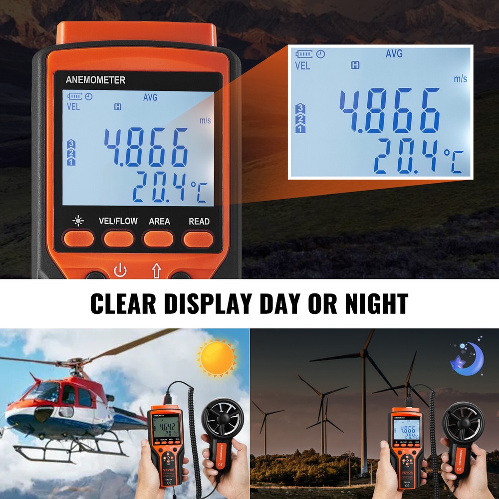 VEVOR Split Handheld Anemometer Digital Wind Speed CFM Meter Gauge 14-140℉ LED