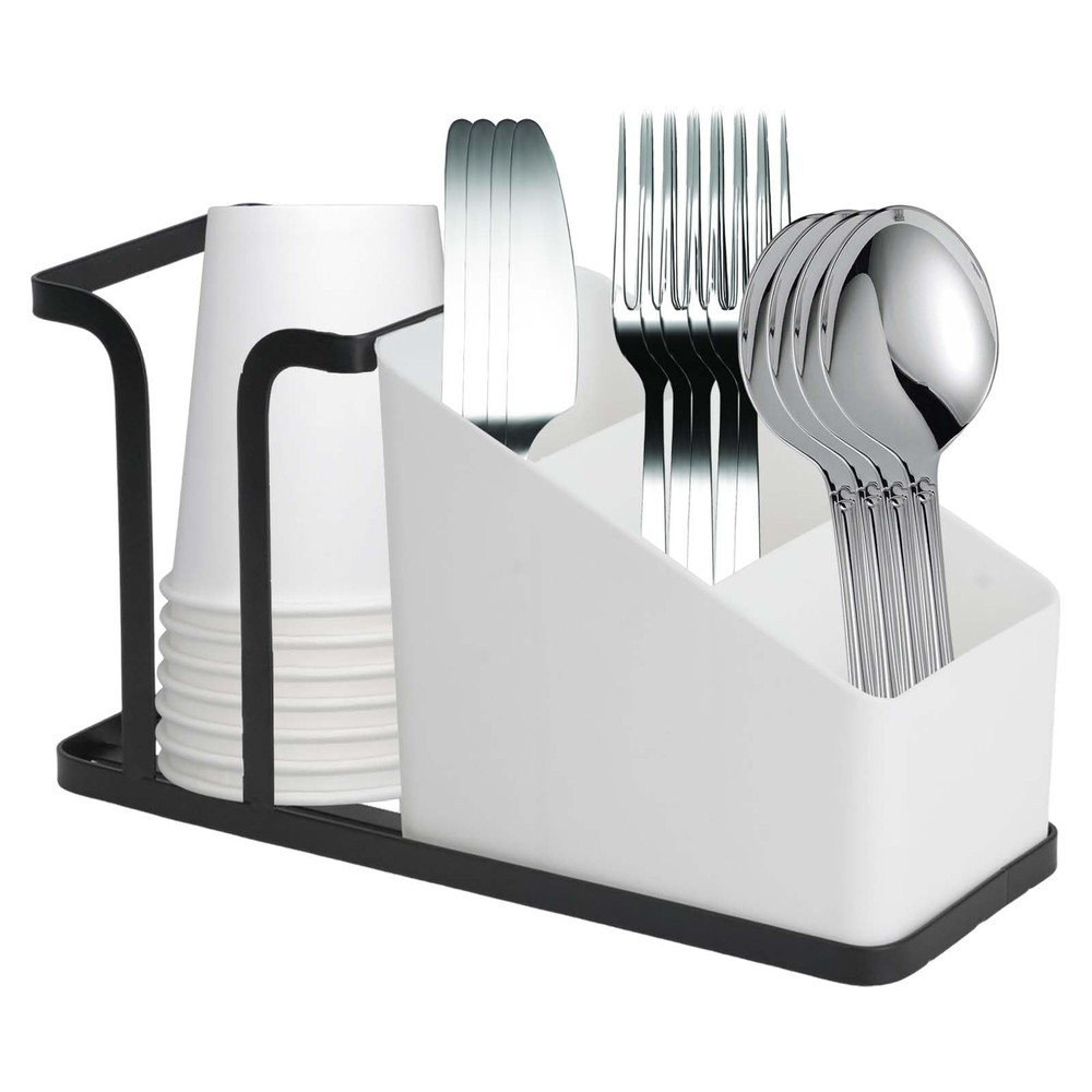 CEYAZYE Removable Silverware Organizer, 4 Compartment Utensil Black and White